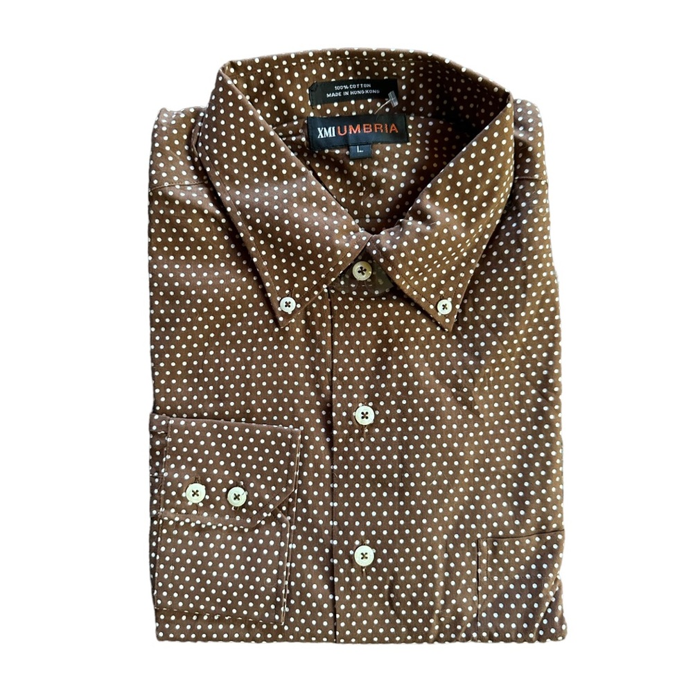 NWOT XMI Umbria Mens Large Button Down Dress Shirt Brown w White Dots